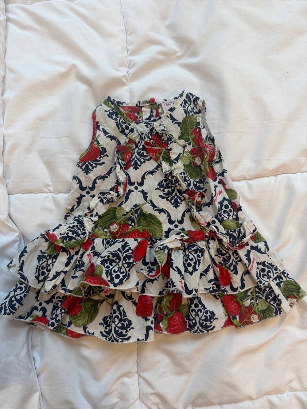 Monnalisa Girls Sleeveless Ruffle Dress with Strawberry Print size 6m